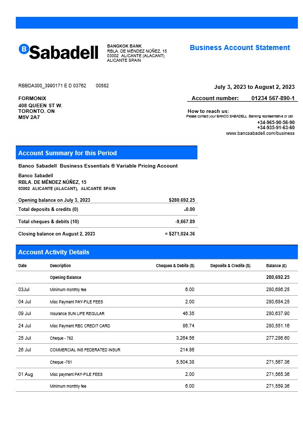 Modèle Word et PDF de déclaration ferme de BANCO Sabadell